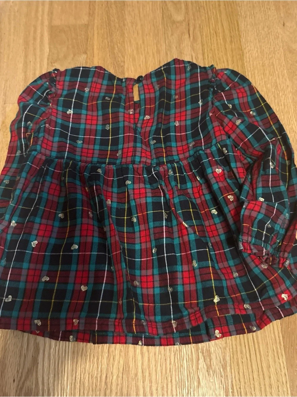 Old Navy Red Green Plaid Long-Sleeve Girls Top with Gold Heart Detail 4T